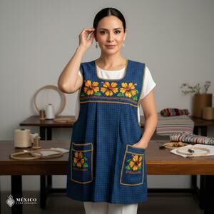 Traditional Mexican Cross-Stitch Embroidered Apron – Deluxe Artisan Smock Style
